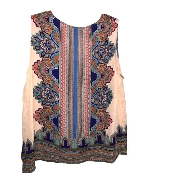 Cynthia Rowley Womens 2X Sleeveless Boho Print Top With Tie Neck & Vibrant Multi - Picture 5 of 9